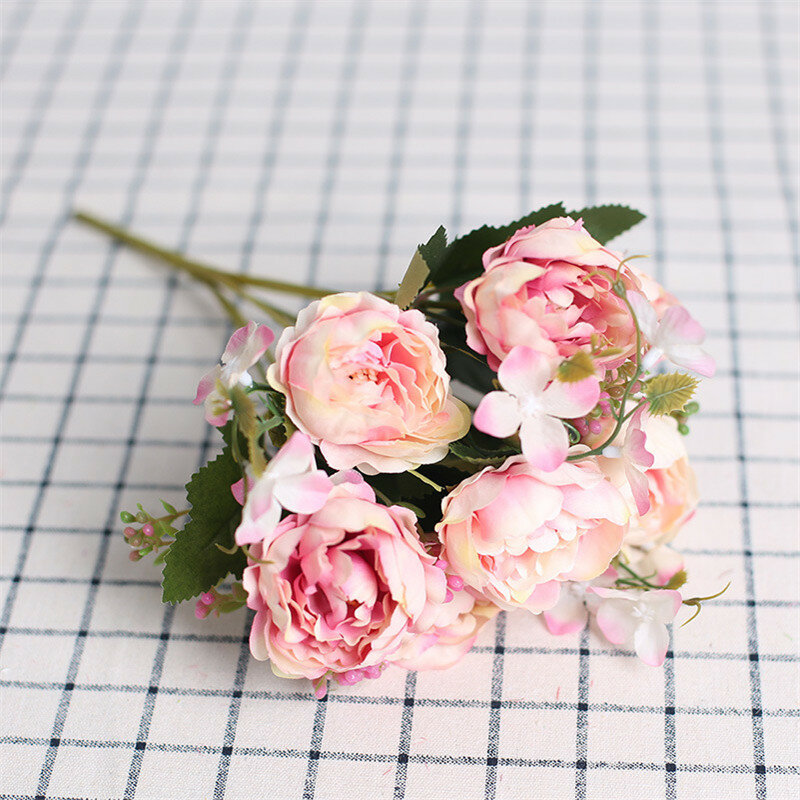 Meldel Pernikahan Buket Pengantin Buatan 7 Kepala Bunga Peony Merah Muda Pengiring Pengantin Pemegang Pernikahan Bouquet DIY Rumah Pesta Toko Dekorasi