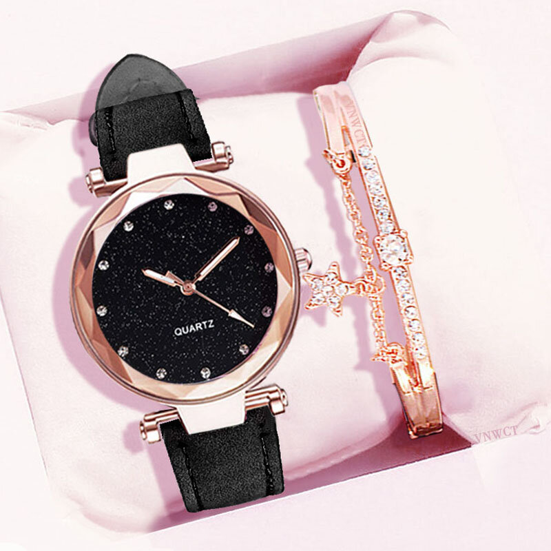 Relógio feminino visor céu estrelado, relógio de pulso pulseira de couro quartz zegarek damski
