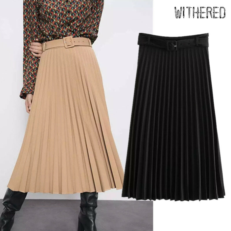 Withered england office lady elegant solid pleated high waist sashes midi long skirt women faldas mujer moda 2020 2 pieces set