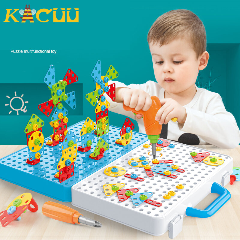 Parafuso de perfuração 3d criativo puzzle mosaico brinquedos para crianças tijolos de construção brinquedos crianças diy broca elétrica conjunto meninos brinquedo educativo
