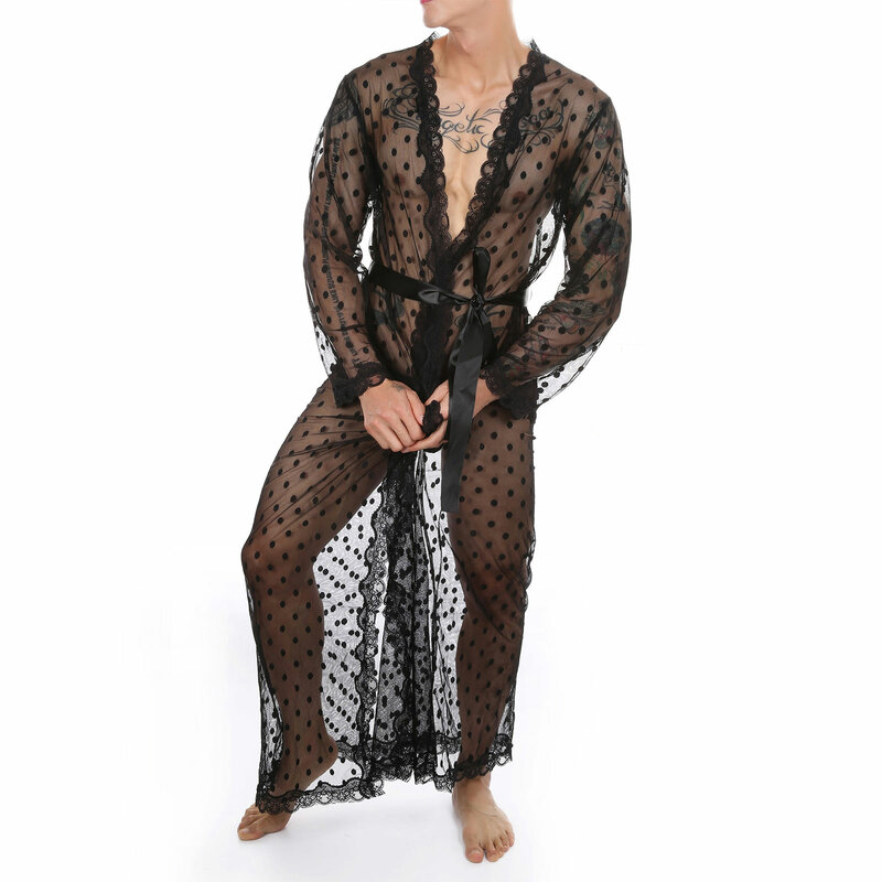Conjunto de pijama masculino com estampa de bolinhas, lingerie preta, sensual, transparente, renda transparente, roupão de banho com cinto com renda, calcinha g-string