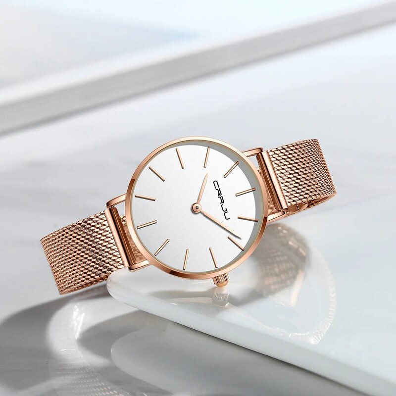 CRRJU-Reloj de pulsera de cuarzo para hombre y mujer, accesorio de pulsera resistente al agua con movimiento japonés, de malla de acero inoxidable, color oro rosa