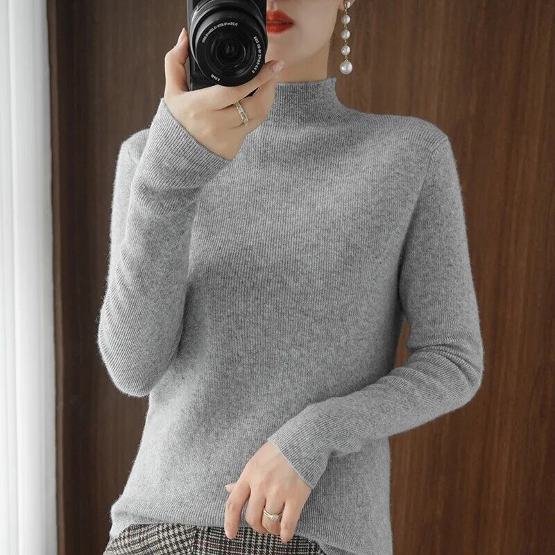 Sweater Wanita Turtleneck Pullover Ramping Warna Solid Kaus Bottoming Tipis Iong Lengan Pendek Liar Sweater Rajut Baru Musim Gugur Musim Dingin