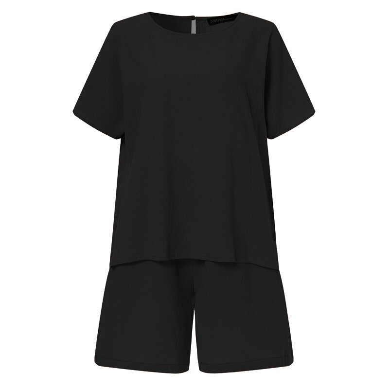 Женские шорты, костюмы ZANZEA, летняя рубашка с коротким рукавом, топы, свободные Мини-шорты, комплект из двух предметов, уличная одежда, повседневный спортивный костюм