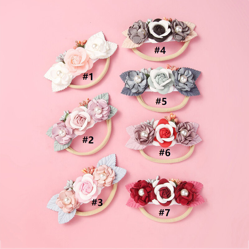 Baby Headband Artificial Flower Newborn Photo Props Pearl Girls Hair Accessories For Infant Thin Nylon Hairband Soft Head Bands