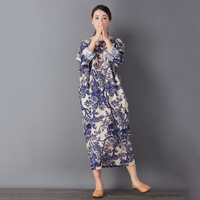 Blue and white Porcelain Retro Cotton and linen Loose Dress