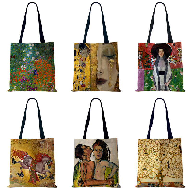 Dostosowane obraz olejny łzy lniane tkaniny torby z bawełny dla kobiet Gustav Klimt Ladise modna torebka o dużej pojemności torby na zakupy
