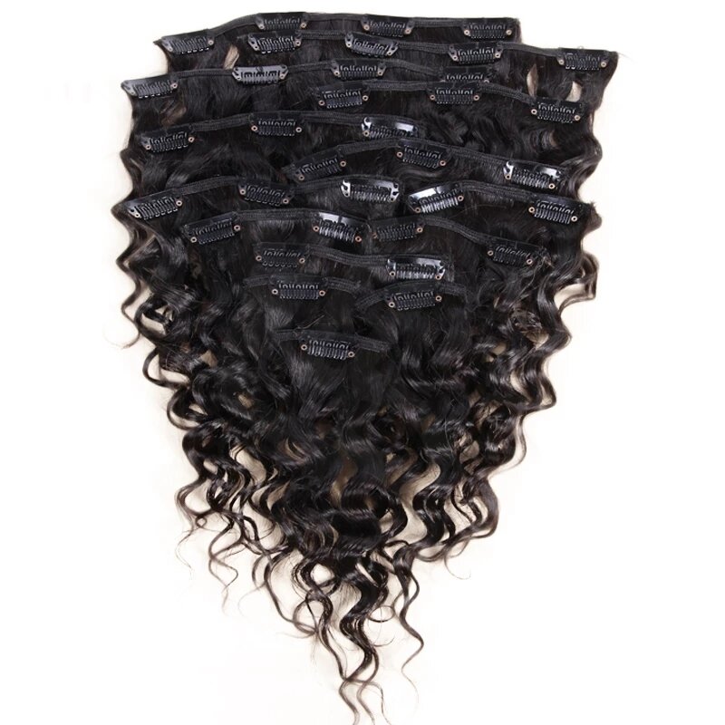 Накладные человеческие волосы на клипсе с глубокой волной, накладные вьющиеся волосы на всю голову, 12-30 дюймов, натуральный черный, для женщин, 8 шт./компл. 200 г