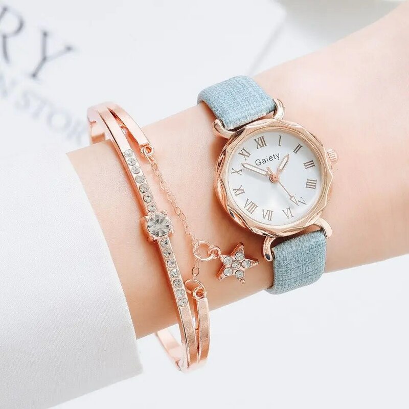 Conjunto de pulsera de reloj para mujer, reloj de pulsera elegante rosa, reloj de moda de Número romano, relojes de cuarzo Cuero Simple