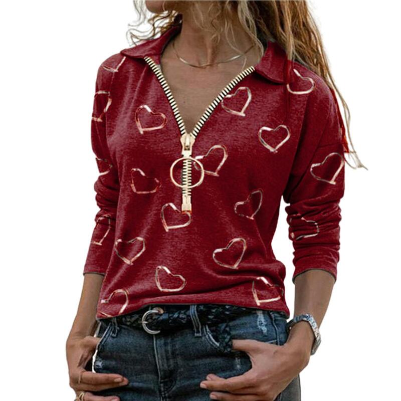 Blusa feminina casual com zíper decote em v coração impressão algodão mistura manga longa camisola blusa camisa rua wear ropa de mujer 2021