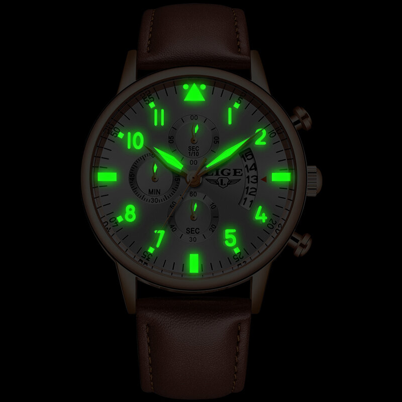 Relogio Masculino LIGE nowi mężczyzna zegarek Top marka brązowy skórzany chronograf wodoodporny Sport automatyczny data zegarki kwarcowe dla mężczyzn