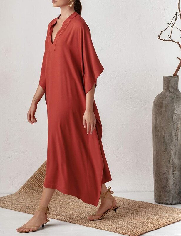 Bsubseach – robe longue à manches chauve-souris pour femmes, Caftan, rouge, soie, col en V, Maxi, été