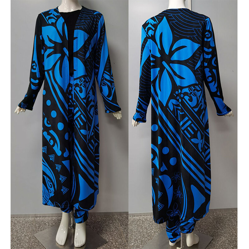 HYCOOL Celana Set 2 Potong Pola Tato Polinesia Samoa Gradien Pakaian Luar Kardigan Panjang Wanita untuk Wanita Mantel Jaket Depan Terbuka