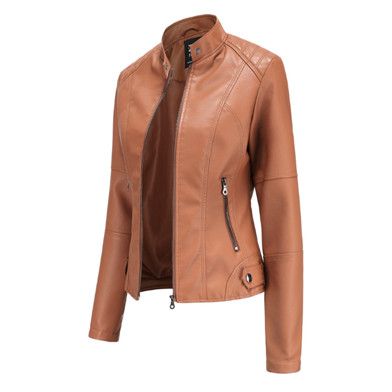 Jaket kulit untuk wanita, jaket kulit pas badan ukuran besar, jaket sepeda motor wanita, jaket kulit kerah berdiri, jaket kulit Musim semi baru