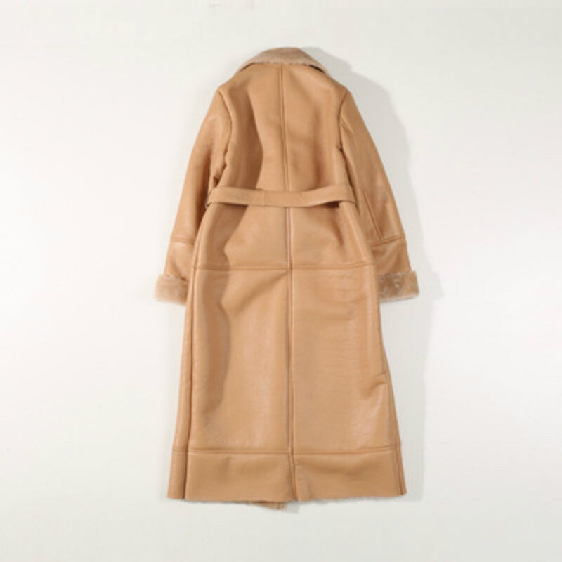 Manteau d'hiver en fourrure de mouton noir pour femme, veste à ceinture de cisaille, en cuir véritable marron, chaud, grande taille, à la mode