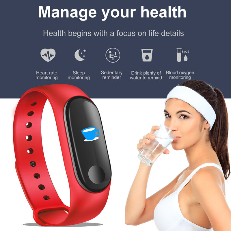 M3 além de banda inteligente bluetooth esportes fitness rastreador inteligente pulseira sono saudável monitor de pressão arterial e freqüência cardíaca smartband