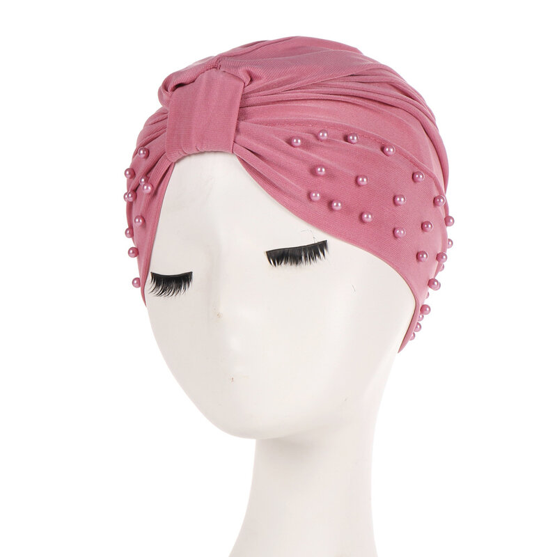 Gorąca perła konopie frezowanie indie hidżab Turban elastyczny muzułmański kapelusz czepek dla osób po chemioterapii Headwrap stałe bandany węzeł czarny różowy nowa czapka nakrycia głowy