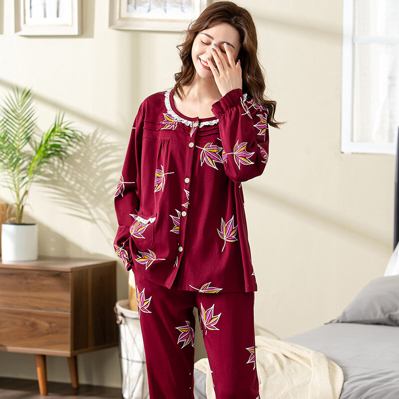 Pijamas de algodão puro para mulheres, roupas para casa, jardas grandes, outono e inverno, alta qualidade, gola redonda, cardigan floral feminino, roupa de dormir