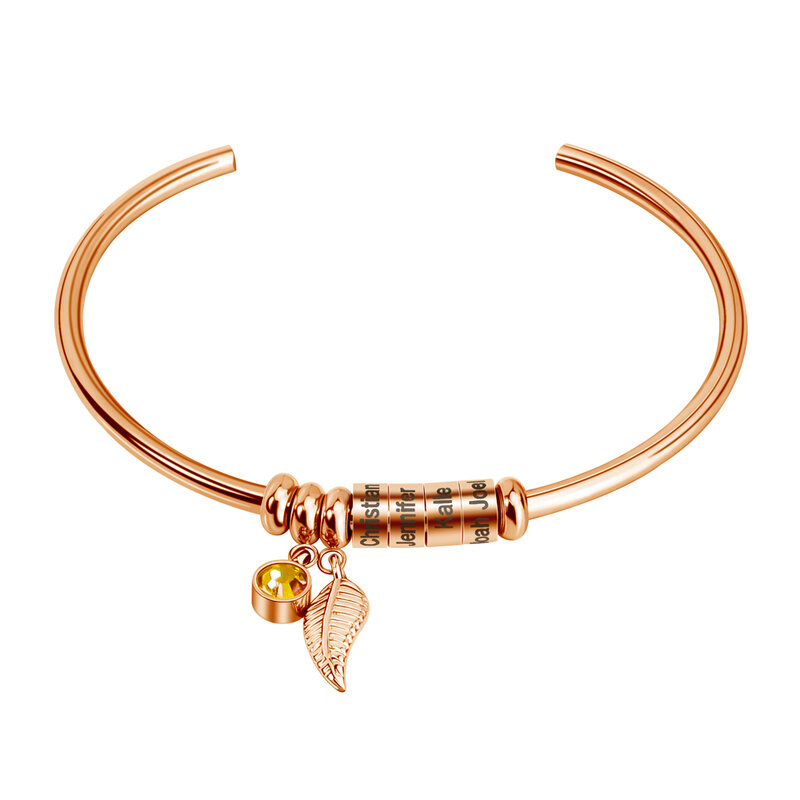 VIP link-pulsera de acero inoxidable con nombre personalizado, brazalete con abalorio de hoja de piedra natal, oro rosa dorado