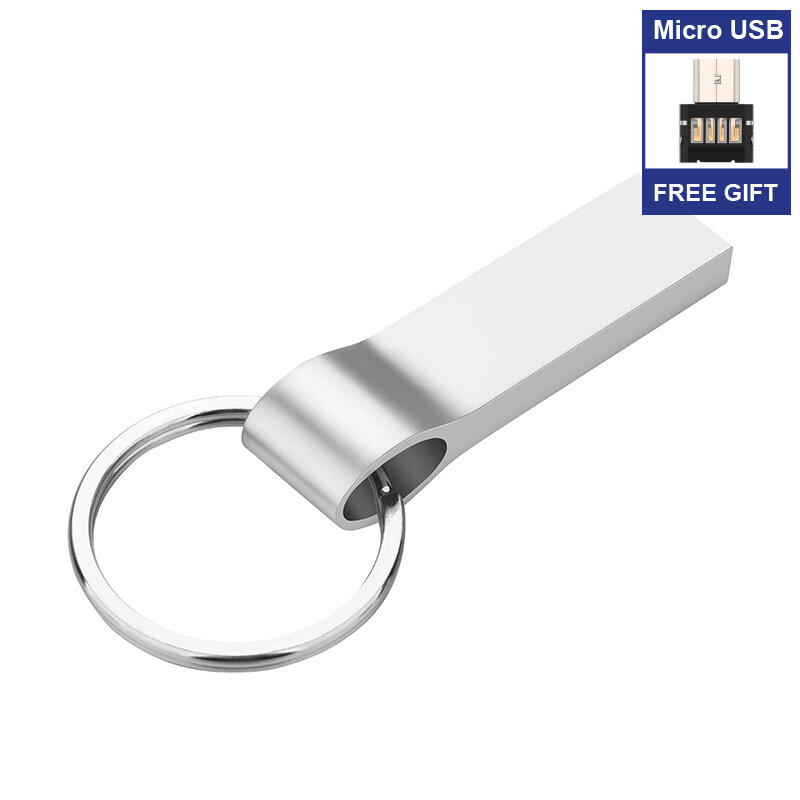 Usb Flash Drive 64GB 32GB 16GB 8GB 4GB ไดรฟ์ปากกา Pendrive กันน้ำโลหะเงิน U disk Memoria ฟรี Type C หรือ Micro Adapter