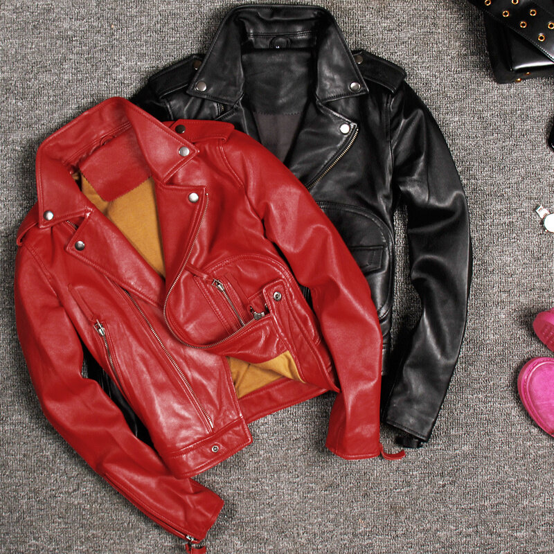 女性のための本革のジャケット,シープスキンのベスト,本物の革のバイカージャケット,女性のためのスリムなアウターウェア,黒赤