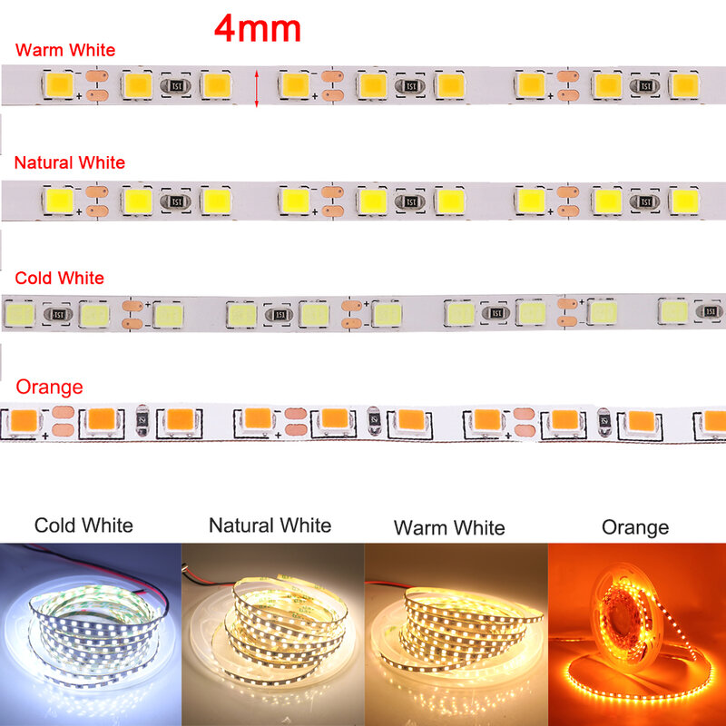 Bande lumineuse LED Flexible à largeur étroite de 4mm, 5M 12V, 2835 120 diodes/m, rétro-éclairage blanc, blanc chaud, Orange naturel