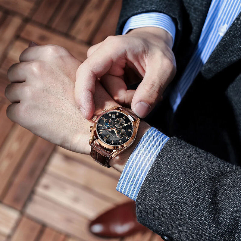 Мужские наручные кварцевые часы с ремешком из натуральной кожи
