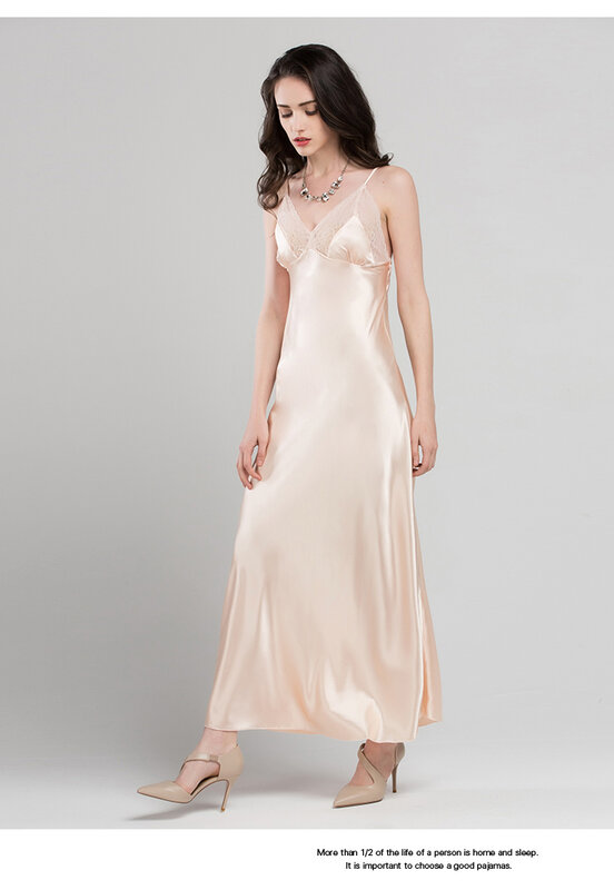 Женское атласное шелковое Ночное платье, кружевное сексуальное длинное банное платье из искусственного шелка с v-образным вырезом, без рукавов, C1618