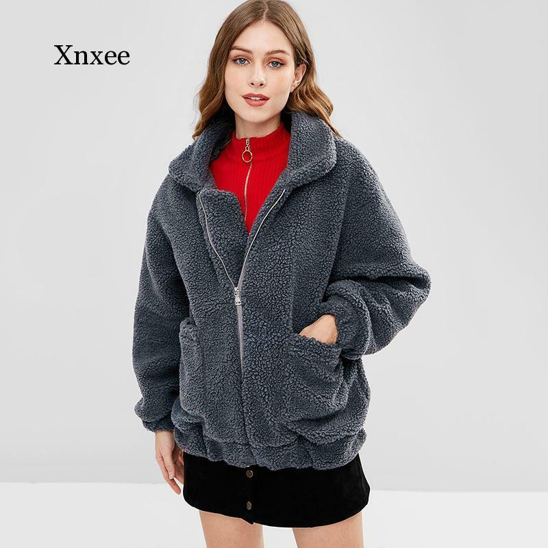 Abrigo de piel sintética con cuello vuelto para mujer, chaqueta de felpa con cremallera, sólido, cálido con bolsillo, Tops, ropa