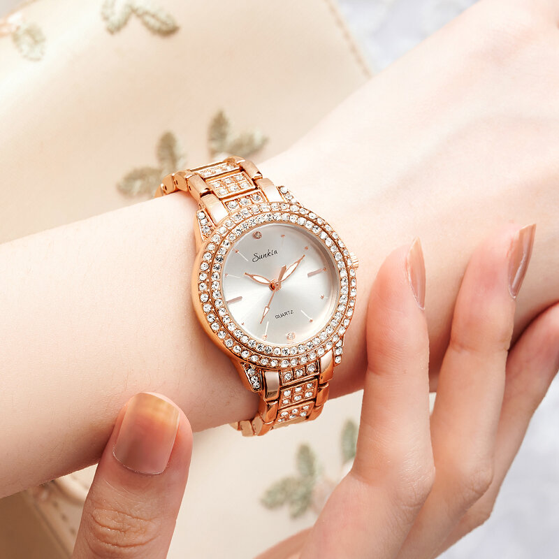Sunkta นาฬิกาผู้หญิงคลาสสิกตัวเลขโรมันนาฬิกาควอตซ์ผู้หญิงแฟชั่น Casual Bling นาฬิกาสุภาพสตรีกันน้ำ Reloj Mujer