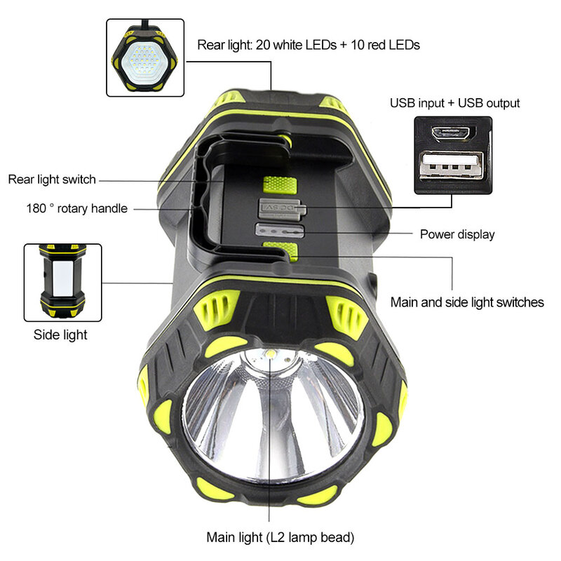 Projecteur LED Portable et étanche, Rechargeable, 8 Modes d'éclairage, idéal pour le Camping, la pêche ou le travail, 30W