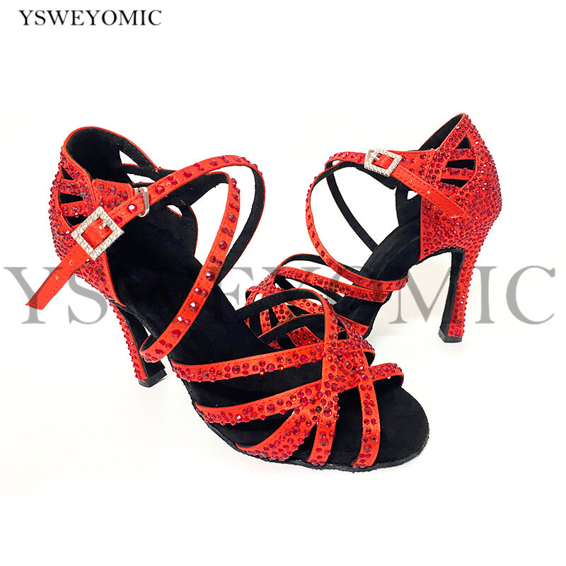 Sapatos de dança com cristal personalizado para mulheres, salto alto, vermelho, azul, verde, cetim, salsa latina, interior, frete grátis, 10cm