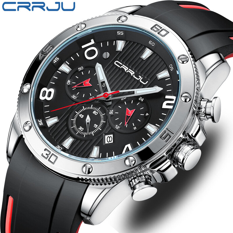 Часы CRRJU Мужские кварцевые с хронографом, брендовые уличные спортивные водонепроницаемые светящиеся с резиновым ремешком