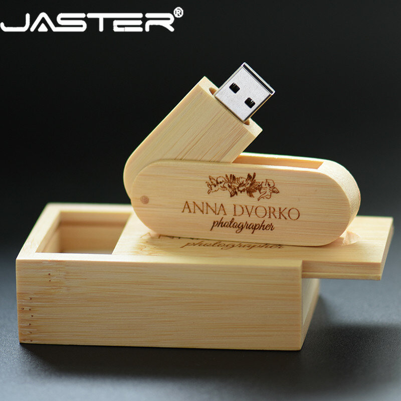 Jaster pendrive de madeira, usb + caixa de presente, memória flash, 8gb, 16g, 32gb, logotipo personalizado para fotografia, presentes de casamento