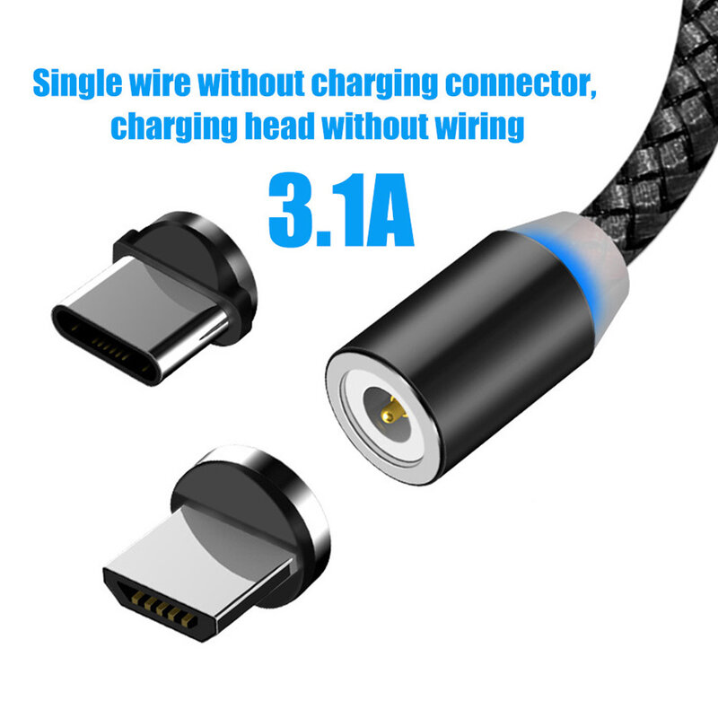 Câble Micro USB/Type-C magnétique LED pour recharge rapide et données (1/2m), cordon de chargeur pour téléphone portable