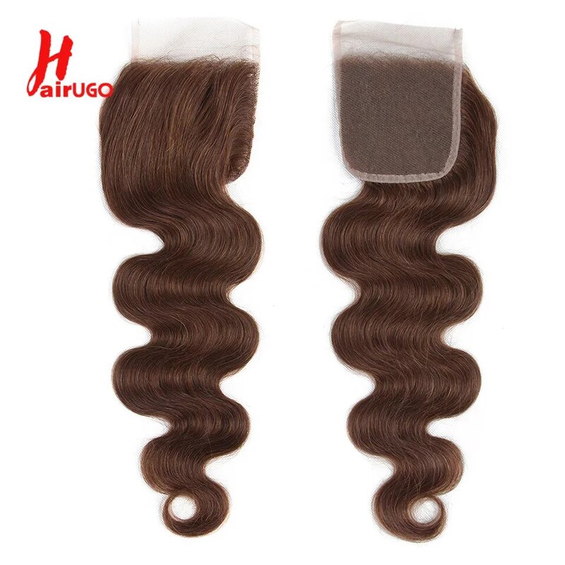 HairUGo #4 Coklat 4X4 Penutup Renda Remy Rambut Manusia Brasil Cokelat #2 Penutup Gelombang Tubuh dengan Rambut Bayi Terikat Tangan Transparan