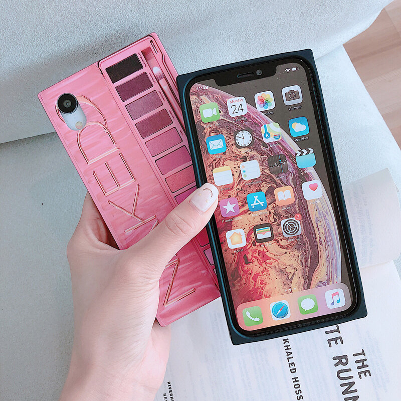 Square Makeup Eyeshadow Case For iPhone XS MAX Case 6 7 8 Plus XR Luxury Naked Mesh Eye Shadow Box Eyeshadow Soft Silicone Cover