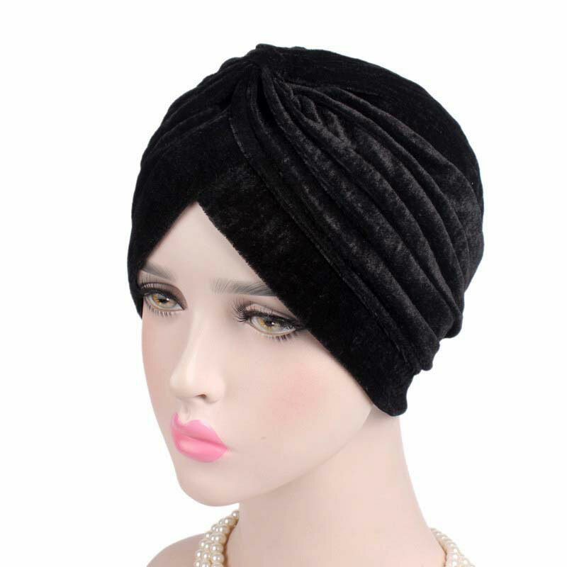 Topi Muslim Fashion Baru Topi Sorban Penutup Kepala Sorban Velvet Melar Ganda Kasual Warna Solid Penutup Kepala Hijab Velvet Emas Wanita