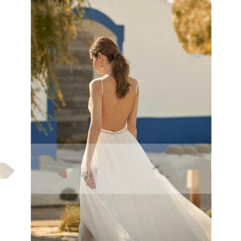Vestido de Noiva Boho com Spaghetti, Vestido Chiffon Sem Encosto, Vestidos de Noiva Sexy, Top de renda verão, Vestido nupcial, 2024