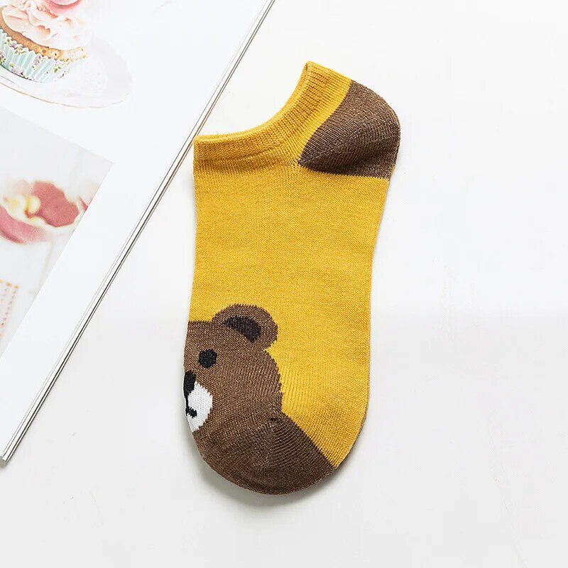 5 par/lote calcetines bonitos Harajuku animales mujeres verano coreano gato oso conejo divertido corte bajo calcetín mujer Happy Sox