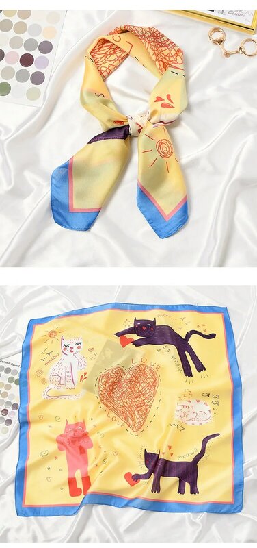 Écharpe carrée imprimée Love Cats pour femmes, bandeau bandana pour femme, enveloppes de tête pour femme, châle féminin, motif animal, foulard de la présidence, mode 2021