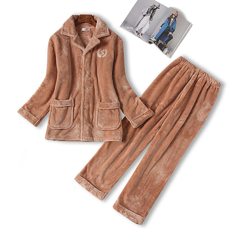 الرجال التلبيب ملابس خاصة مع أزرار الشتاء 2 قطعة PJS مجموعات الفانيلا منامة سميكة الدافئة المنزل الملابس الدافئة الحميمة الملابس الداخلية