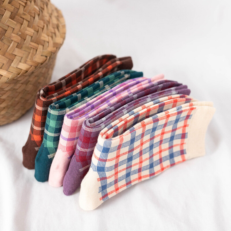 Calcetines de algodón transpirables para mujer, medias cortas a cuadros, estilo Harajuku japonés, informales
