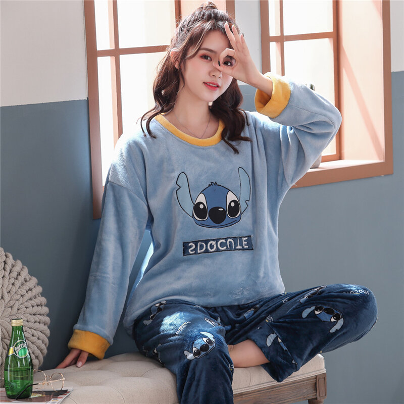 Koppels Dikke Warme Flanellen Lange Mouw Pyjama Sets Voor Vrouwen 2019 Winter Leuke Cartoon Panda Koraal Fluwelen Nachtkleding Mannen Homewear