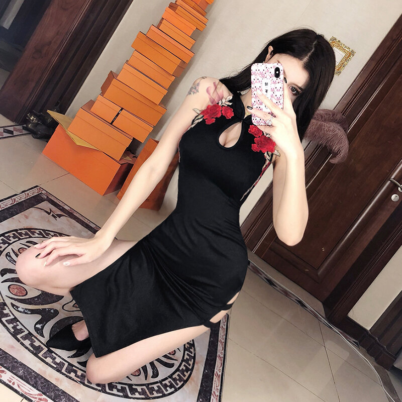 Vestido chinês feminino tradicional cheongsam sexy sensual sem mangas midi flor preta com ombro de fora vestido de festa qipao moderno dd2389