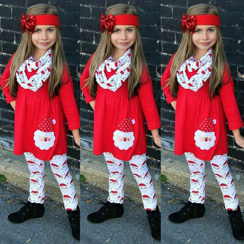 3PCS Christmas Toddler Kids Baby Girls Autumn Winter Long Sleeve Dress Tops+Pants Leggings Outfits Clothes Set