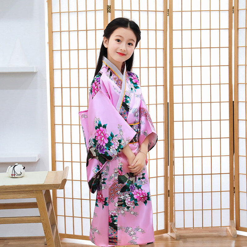 Kids Girls Novelty National Japan Kimono Traditional Yukata Dress Satin Silk Luxury Oriental Bath Robe with Obi Performance