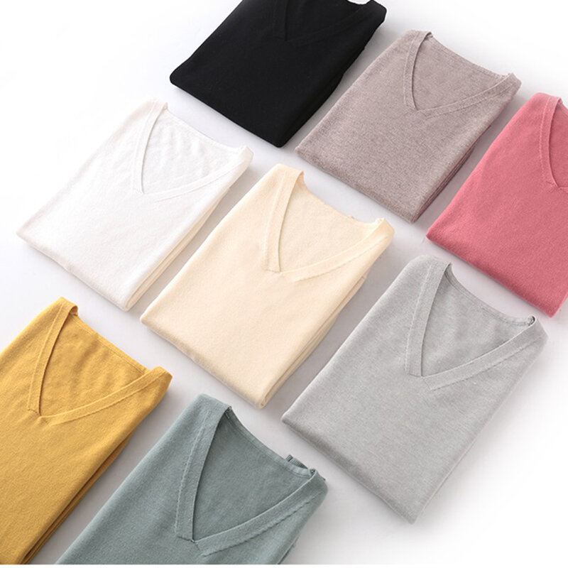 2022 New Women Wool Sweater Pullover V Neck Long sleeve Soft Knit Jumper Stretch Knitted Sweater 3XL Female Tops Y225