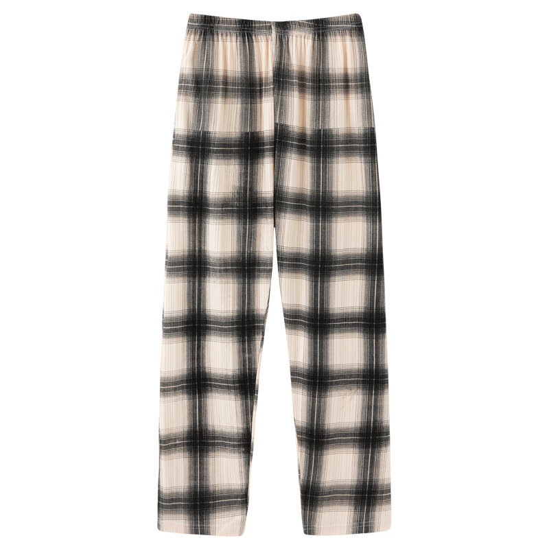 Male pajamas autumn cotton long pants Japanese style simple elastic waist casual big yards L-4XL lattice men home sleep bottoms