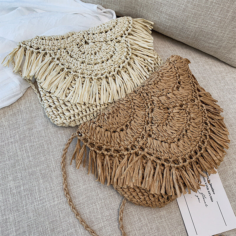 Bolsas de palha de verão para mulheres bolsas artesanais de praia borla, bolsas de tecido de rife de férias, 2024
